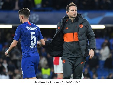 LONDON, ENGLAND - NOVEMBER 5, 2019: Chelsea manager Frank Lampard and Jorginho pictured after the 2019/20 UEFA Champions League Group H game between Chelsea FC and AFC Ajax.