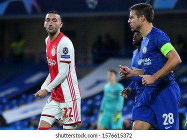 LONDON, ENGLAND - NOVEMBER 5, 2019: Hakim Ziyech of Ajax pictured during the 2019/20 UEFA Champions League Group H game between Chelsea FC (England) and AFC Ajax (Netherlands) at Stamford Bridge.