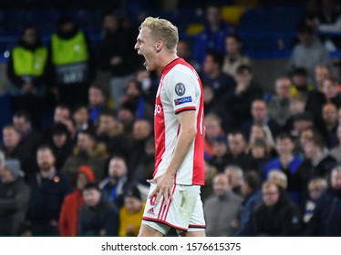 LONDON, ENGLAND - NOVEMBER 5, 2019: Donny van de Beek celebrates after a goal scored during the 2019/20 UEFA Champions League Group H game between Chelsea FC  and AFC Ajax at Stamford Bridge.