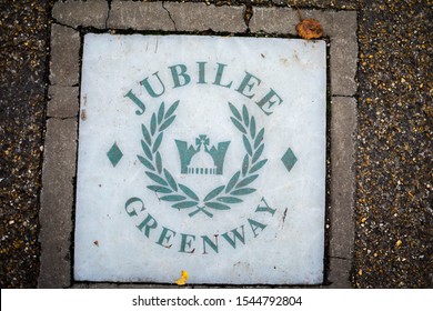 London / England - October 13th 2019: Jubilee Greenway Pathway Sign In Mile End Park.