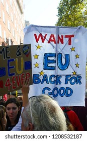 London, England. October 20 2018. People from across the UK carry banners and placards bearing anti-Brexit messages against the UK leaving the EU.  take part in the People's Vote march.