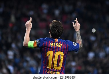 LONDON, ENGLAND - OCTOBER 3, 2018: Lionel Messi celebrates after a goal score during the 2018/19 UCL Group B game between Tottenham Hotspur and FC Barcelona at Wembley Stadium.