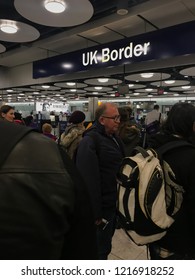 London, England – October 31, 2018: Brexit - Long Queues At UK Border Control, EU And Non-EU Passport Control And Immigration At Terminal 5 At London Heathrow Airport, England, United Kingdom, Europe