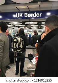 London, England – October 31, 2018: Brexit - Long Queues At UK Border Control, EU And Non-EU Passport Control And Immigration At London Heathrow Airport Terminal 5, England, United Kingdom, Europe