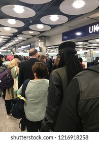 London, England – October 31, 2018: Brexit - Long Queues At UK Border Control, EU And Non-EU Passport Control And Immigration At Terminal 5 At London Heathrow Airport, England, United Kingdom, Europe