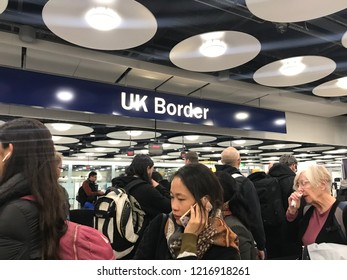 London, England – October 31, 2018: Brexit - Long Queues At UK Border Control, EU And Non-EU Passport Control And Immigration At London Heathrow Airport Terminal 5, England, United Kingdom, Europe