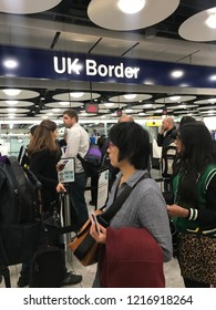 London, England – October 31, 2018: Brexit - Long Queues At UK Border Control, EU And Non-EU Passport Control And Immigration At Terminal 5 At London Heathrow Airport, England, United Kingdom, Europe