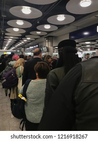 London, England – October 31, 2018: Brexit - Long Queues At UK Border Control, EU And Non-EU Passport Control And Immigration At Terminal 5 At London Heathrow Airport, England, United Kingdom, Europe