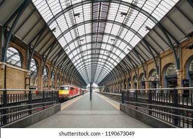 London, England - SEPT 22, 2018: Interior of the Kings Cross Train Station in London. Kings Cross is one of London's most famous stations in part because of the Harry Potter movies.