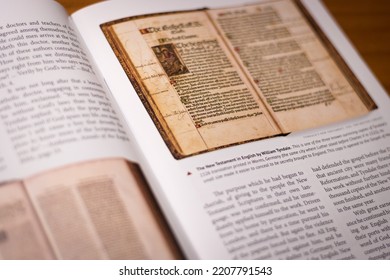 London, England - September 13, 2022: Religious Tract Literature, Magazine Based On The Great Controversy By Ellen G White, Published 1911. Seventh Day Adventist. Showing William Tyndale English Bible