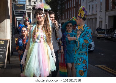 LONDON, ENGLAND - September 15, 2019, Old Spitalfields Market Colour Walk Is An Informal Gathering Of Creative People Getting Dressed Or Dressing Up To Inspire