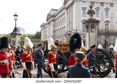 LONDON, ENGLAND - SEPTEMBER 19, 2022: Top British Military Officers Escort A Gun Carriage Bearing The Coffin Of Queen Elizabeth II Past Buckingham Palace On Her Funeral Day Journey To Windsor Castle. 