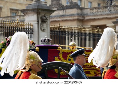 LONDON, ENGLAND - SEPTEMBER 19, 2022: The Imperial Crown, Orb And Sceptre, Laid On The Coffin Of Queen Elizabeth II As It Passes Buckingham Palace With Her Funeral Cortege To Windsor Castle.