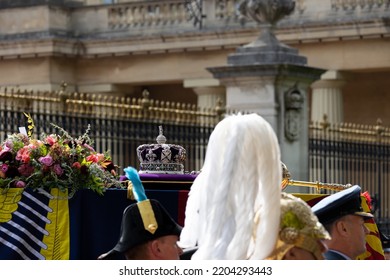 LONDON, ENGLAND - SEPTEMBER 19, 2022: The Imperial Crown, Orb And Sceptre, Laid On The Coffin Of Queen Elizabeth II As It Passes Buckingham Palace With Her Funeral Cortege To Windsor Castle.