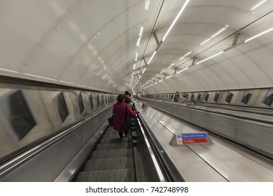 LONDON, ENGLAND - SEPTEMBER 2017; Escalator in the underground.