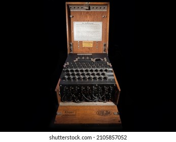 London, England, September 21, 2018. The Enigma Cryptographic Machine At The Science Museum London. The Fate Of The Second World War Revolved Around The Solution Of Its Message Encryption Code.