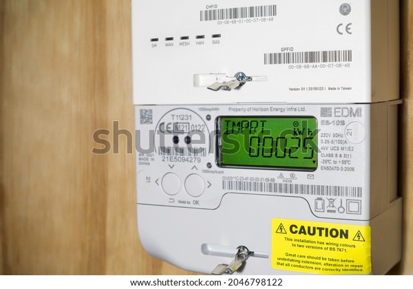 London, England, September 24th 2021:A domestic\
smart meter installed. Electric meter display panel showing import\
reading. Concept for energy supplier, meter  reading, cost of\
living and price rises.
