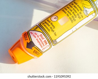 London, England - September 29, 2018: Epinephrine Autoinjector Or Epipen Is A Medical Device For Injecting Doses Of Epinephrine Or Adrenaline Through A Needle Into A Patient Suffering An Allergy. 