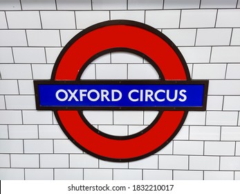 LONDON, ENGLAND - SEPTEMBER 29, 2020: London Underground platform sign for Oxford Circus station