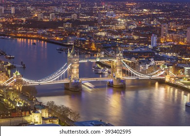 London, England - Tower Bridge And River Thames Aerial View At Magic Hour