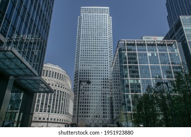 London, England, UK - 08 April 2021: One Canada Square and Thomson Reuters buildings in Canary Wharf, one of the business districts of London, during a sunny day. 