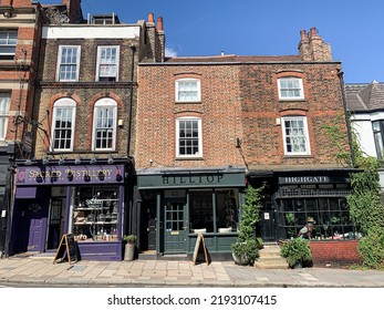 London, England, UK - 20.08.2022. Street View Of Highgate High Street. Fragment Of Facade Of Local Small Shops. North Of London. A View Down Characterful Highgate High Street. Victorian And Georgian