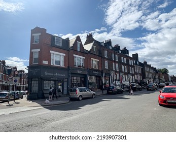 London, England, UK - 20.08.2022. Street View Of Highgate High Street. Fragment Of Facade Of Local Small Shops. North Of London. A View Down Characterful Highgate High Street. Victorian And Georgian