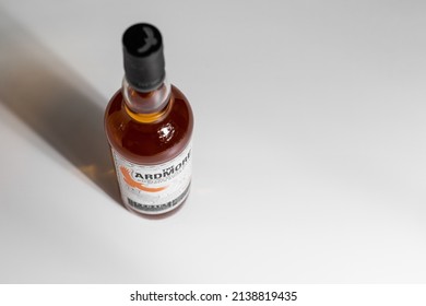 London, England, UK - 24 March 2022: The Ardmore Highland Single Malt Scotch Whisky Bottle Top View Under A White Table.