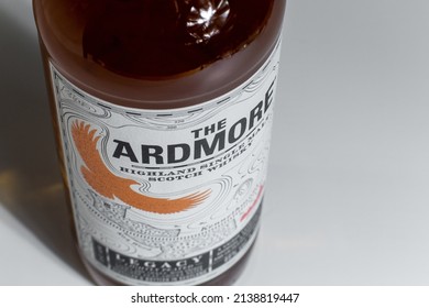 London, England, UK - 24 March 2022: The Ardmore Highland Single Malt Scotch Whisky Bottle Top View Under A White Table.