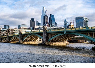 London England UK, 29 January 2022, London Financial District Skyline Behind Southwark Bridge Over River Thames