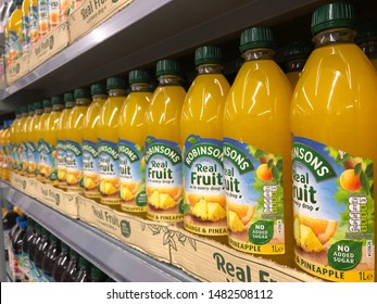 London, England/ UK: 7 August 2019- Robinsons Fruit Juice Concentrate Stacked At A Bay In The Supermarket In Kingston Upon Thames