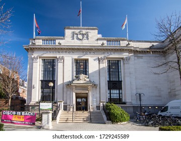 London, England, UK - February 12, 2018: The main facade and entrance to Islington Town Hall, seat of Islington Borough Council, on Upper Street in North London.