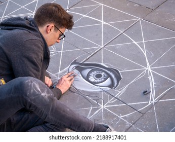 London, England, UK - February 29, 2019: Artistic Young Man Drawing An Eye On The Street In Trafalgar Square 