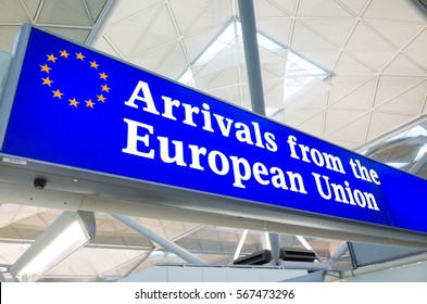 LONDON, ENGLAND, UK - JANUARY 8, 2017: Arrivals From The European Union Customs Channel At Stansted Airport, England, UK