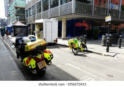 London - England, UK - July 2, 2014: Paramedic Motorcycle Ambulance Stands Parked In The Soho Area Of London