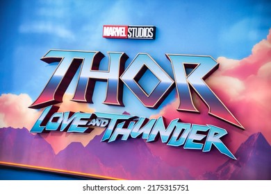 London, England, UK - July 5, 2022: Advertisement of the UK Gala Screening of Marvel Studios' Thor: Love and Thunder at Odeon Luxe Leicester Square. Credit: Loredana Sangiuliano