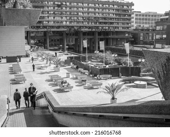 LONDON, ENGLAND, UK - MARCH 07, 2008: The Barbican Complex Built In The Sixties And Seventies Is A Grade II Listed Masterpiece Of New Brutalist Architecture