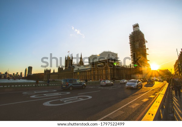 London, England, UK - March 24, 2019 - Street view\
of Westminster Bridge, a road-and-foot-traffic bridge over the\
River Thames in London