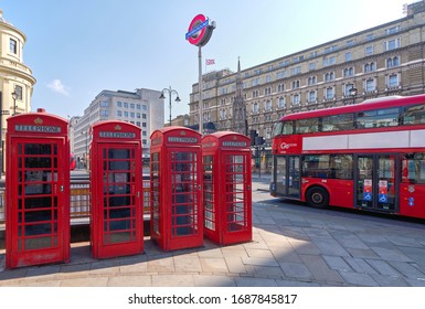 London, England, Uk, March, 28th, 2020. Charing Cross With Three Icons In One Photo. Red Bus, Underground Sign And Telephone Box. 