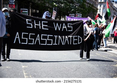 London, England, UK - May 14, 2022: Activists participated at the Pro-Palestine march amid the killing of the Al Jazeera journalist, Shireen Abu Akleh. Credit: Loredana Sangiuliano