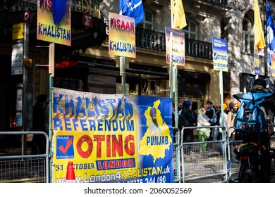London, England, UK - October 16, 2021: Khalistan Referendum Voting Information near the India High Commission in London. Credit: Loredana Sangiuliano