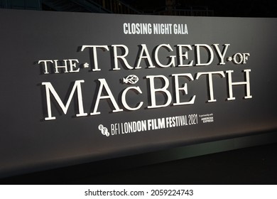 London, England, UK - October 17, 2021: Film Billboard of “The Tragedy of Macbeth” European Premiere, 65th BFI London Film Festival at The Royal Festival Hall.