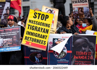 London, England, UK - October 19, 2021: Protesters hold signs and flags at the Tigray Genocide Protest outside 10 Downing Street. Credit: Loredana Sangiuliano