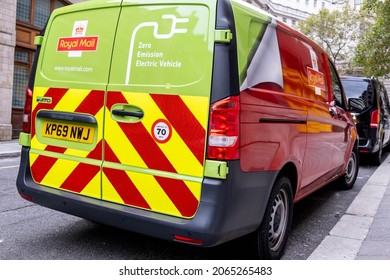 London England UK, October 22 2021, An All Electric Royal Mail Delivery Van Parked At The Side Of The Road In Central London England UK With No People