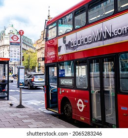 London England UK, October 22 2021, A Red Transport For London Double Decker Bus Parked At A Bus Stop In Central London With No People