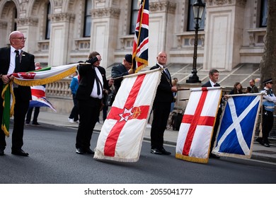 London, England, UK - October 9, 2021: Protesters marched from Trafalgar Square to UK Parliament protesting the Northern Ireland Protocol demanding its cancellation.