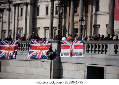 London, England, UK - October 9, 2021: Protesters marched from Trafalgar Square to UK Parliament protesting the Northern Ireland Protocol demanding its cancellation.