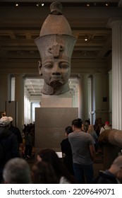 London, England, UK - Sept 24 2022: British Museum Egypt Artifacts . People Walking Around The Museum Reading Signs