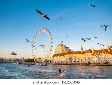 London, England, UK - September 18, 2019: Seagulls On Blue Sky In Front Of London Eye Above Thames Rives In A Sunny Day