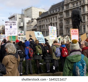 London, England, United Kingdom - 02/14/2020 : Students Striking And  Protesting For Climate Action At Parliament Square 